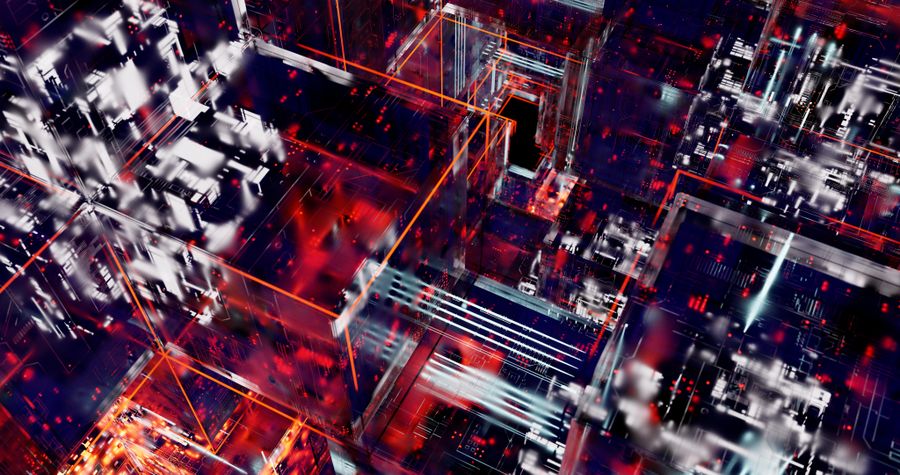Ilustração abstrata de circuitos digitais em tons vibrantes